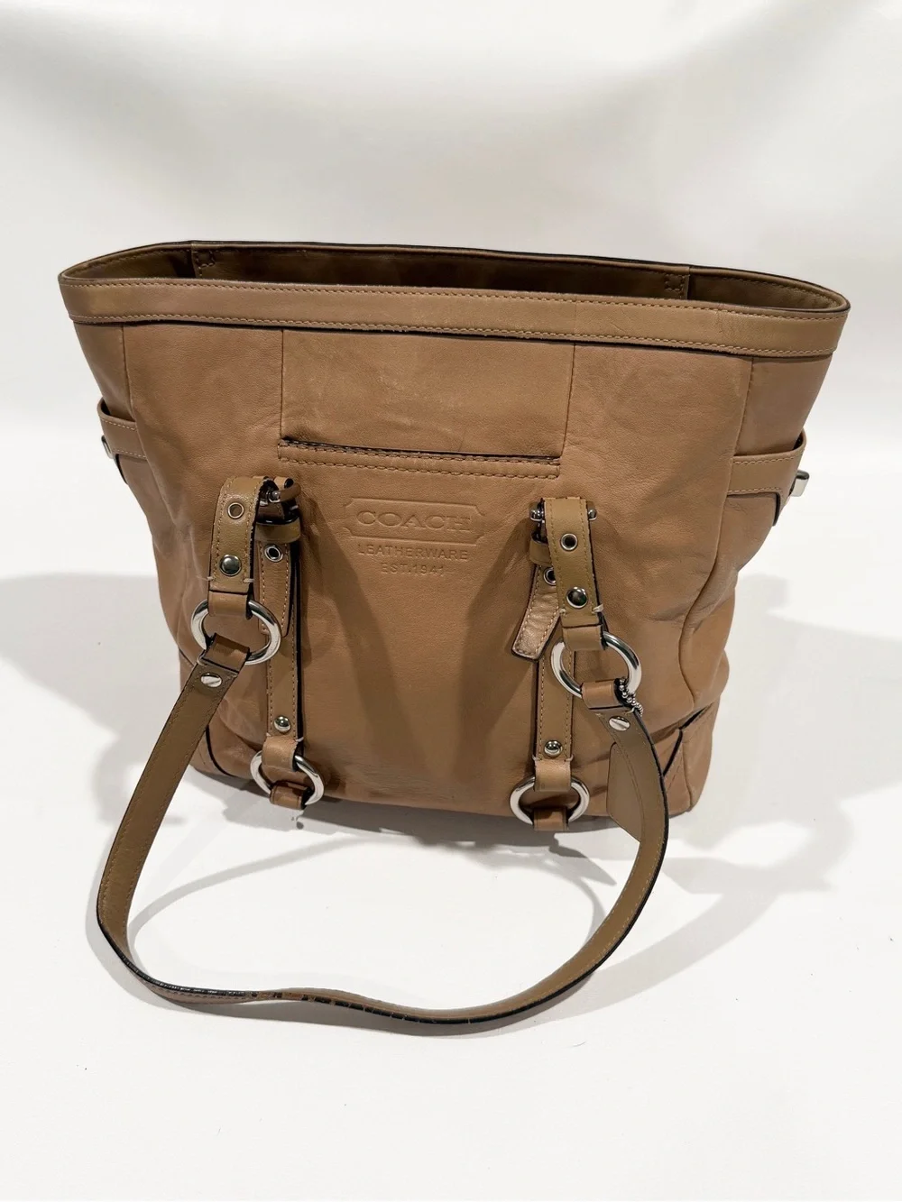 Vintage COACH Gallery Tan Leather Tote, Y2K, Dual Strap with Buckle Detail